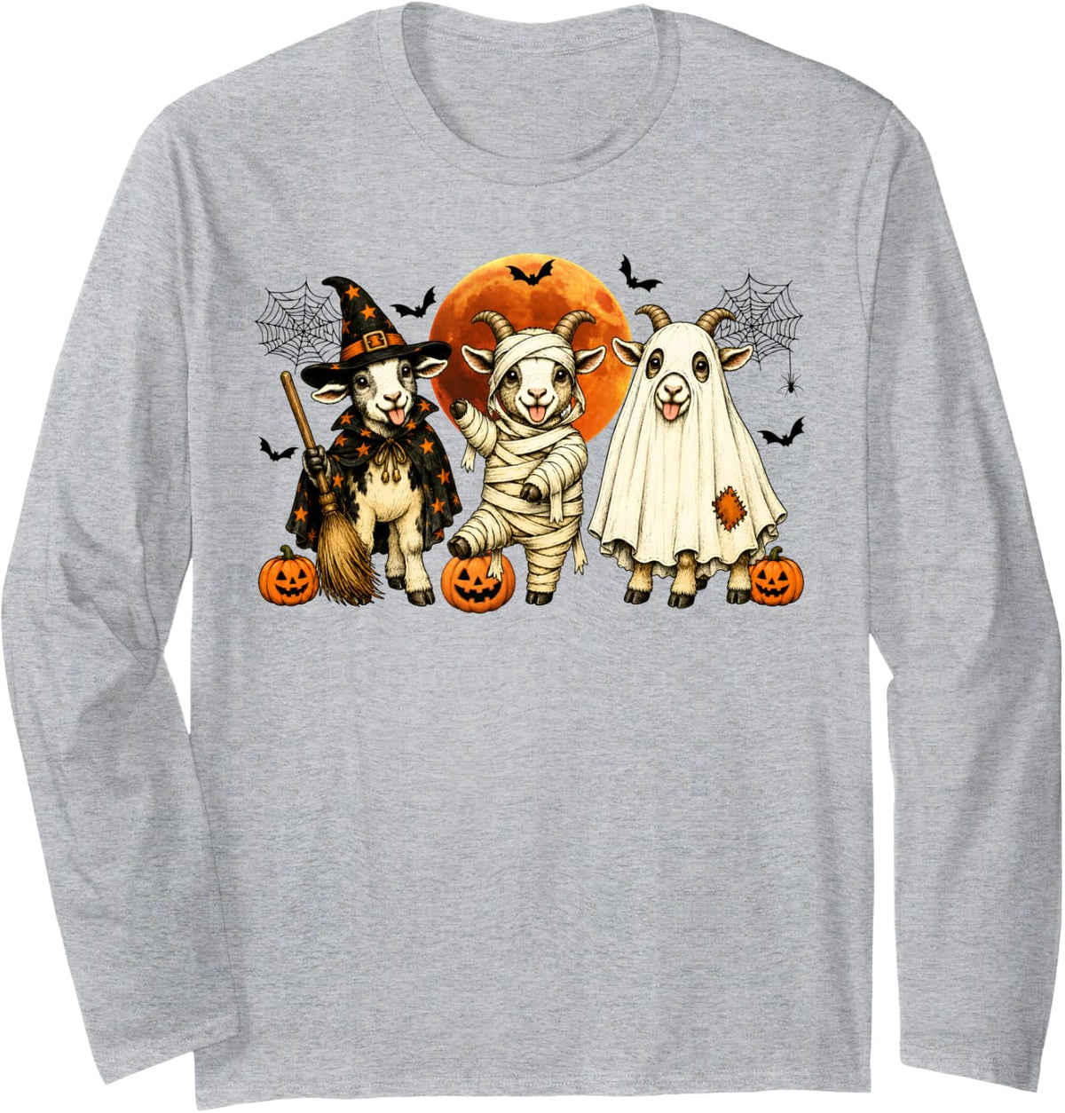 Cute Halloween Goat Pumpkin Ghost and Witch Costumes Graphic Long Sleeve T-Shirt - Adult Unisex Heather Grey