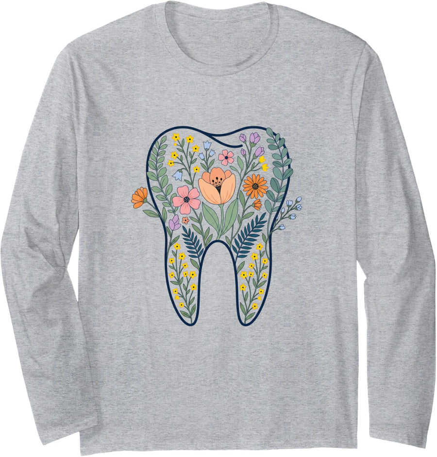 Floral Tooth, Boho Flower Dental Student Dental Assistant Long Sleeve T-Shirt - Adult Unisex Heather Grey