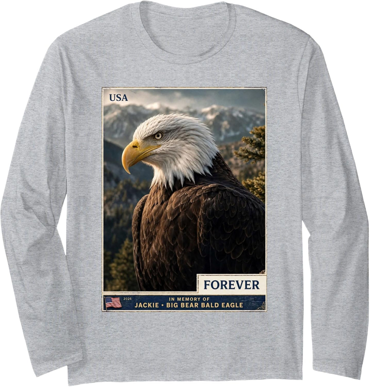 Jackie Big Bear Bald Eagle Memorial Long Sleeve T-Shirt - Adult Unisex Heather Grey