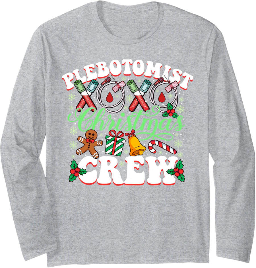 Phlebotomist Christmas Crew Xmas Matching Funny Job Team Long Sleeve T-Shirt - Adult Unisex Heather Grey