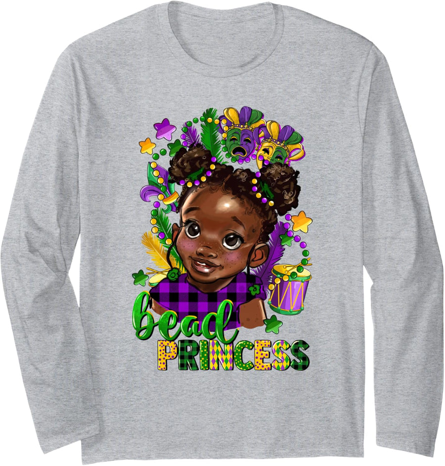 Mardi Gras Black Girl Bead Princess Happy New Year Long Sleeve T-Shirt - Adult Unisex Heather Grey