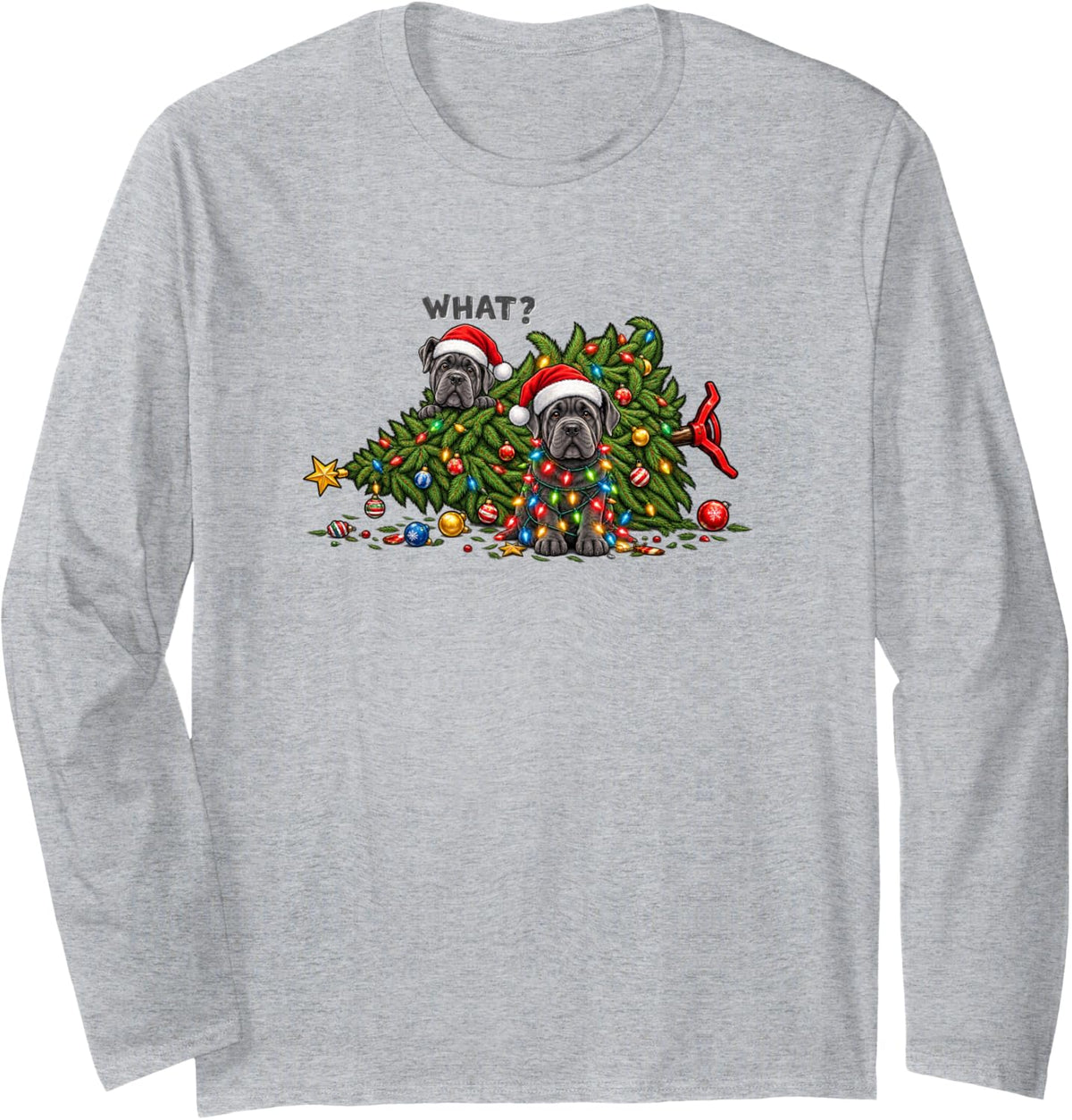 Cane Corso Christmas Tree Lights Santa Hats Funny Holiday Long Sleeve T-Shirt - Adult Unisex Heather Grey