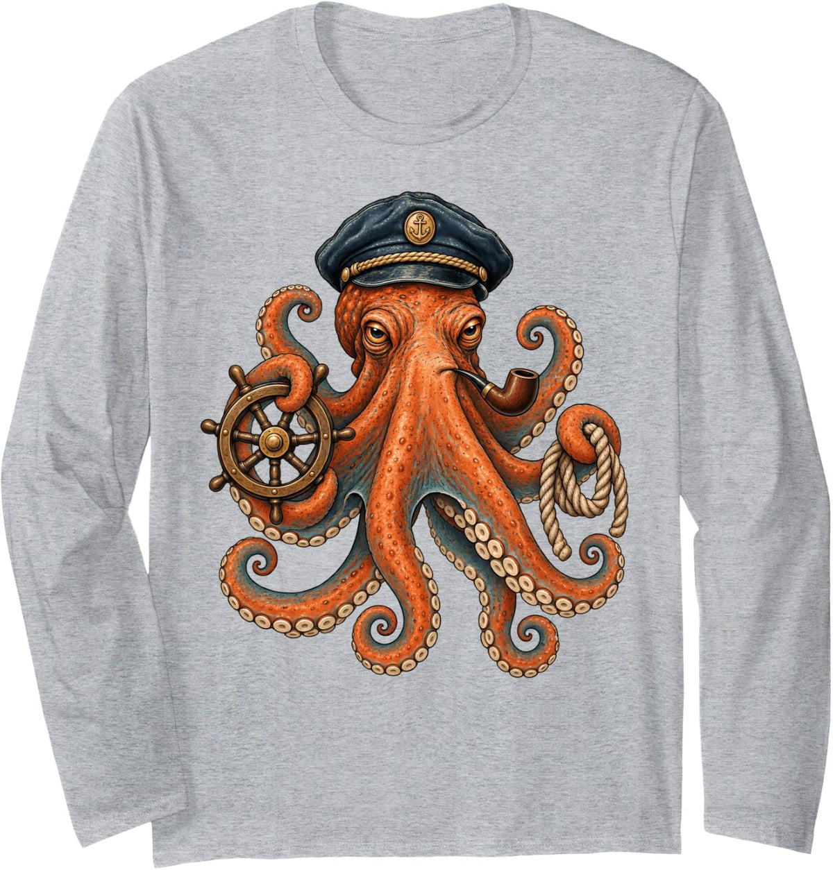 Captain Octopus Sailor Nautical Ship Wheel Ocean Long Sleeve T-Shirt - Adult Unisex Heather Grey
