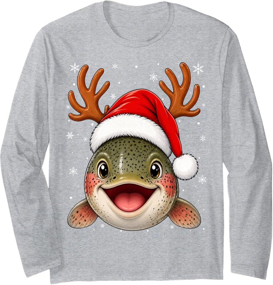 Cute Trout Fishing Reindeer Horn Santa Trout Fish Christmas Long Sleeve T-Shirt - Adult Unisex Heather Grey