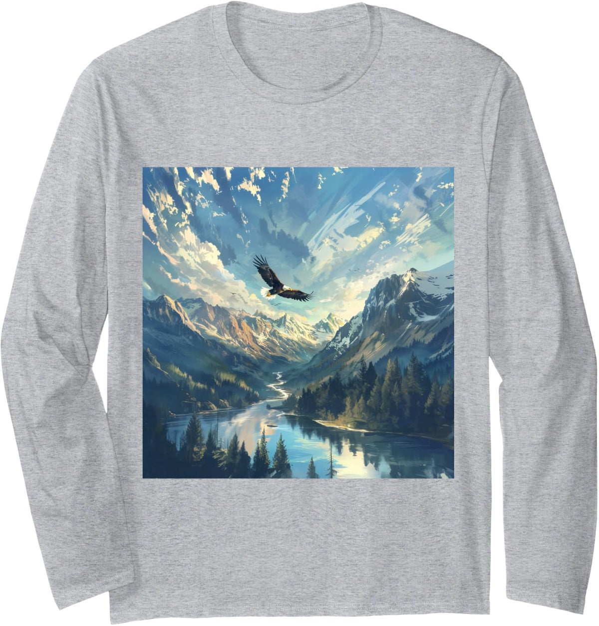 Impressionist Wild Bald Eagle Flying Over River Valley Long Sleeve T-Shirt - Adult Unisex Heather Grey
