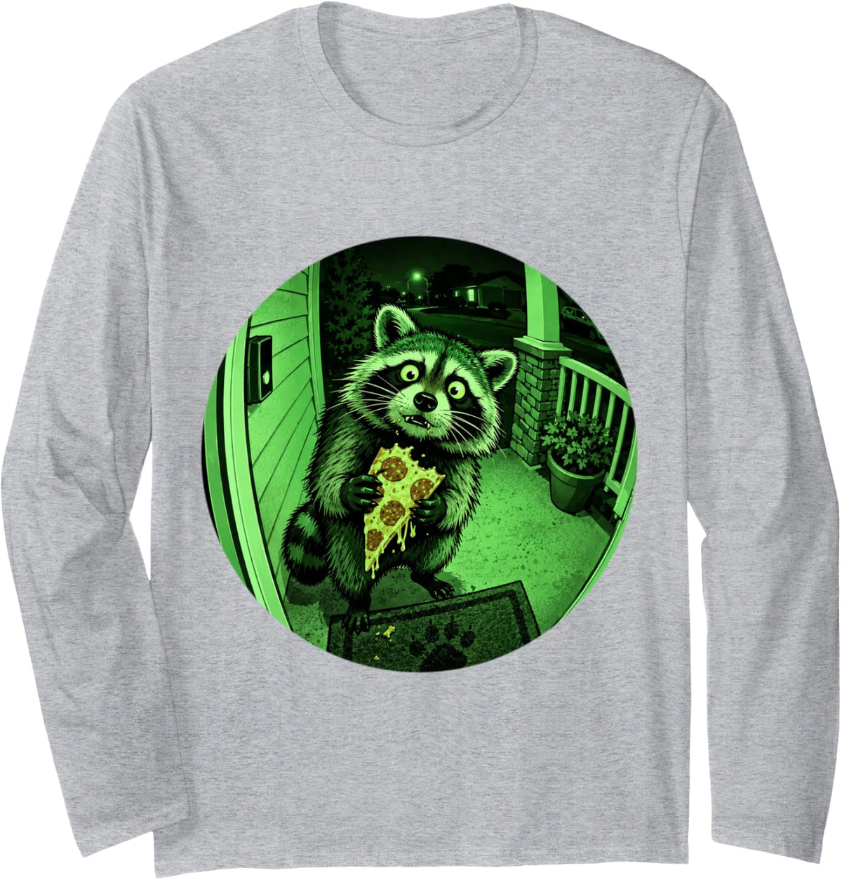 Motion Detected At Front Door Funny Raccoon Doorbell Cam Long Sleeve T-Shirt - Adult Unisex Heather Grey
