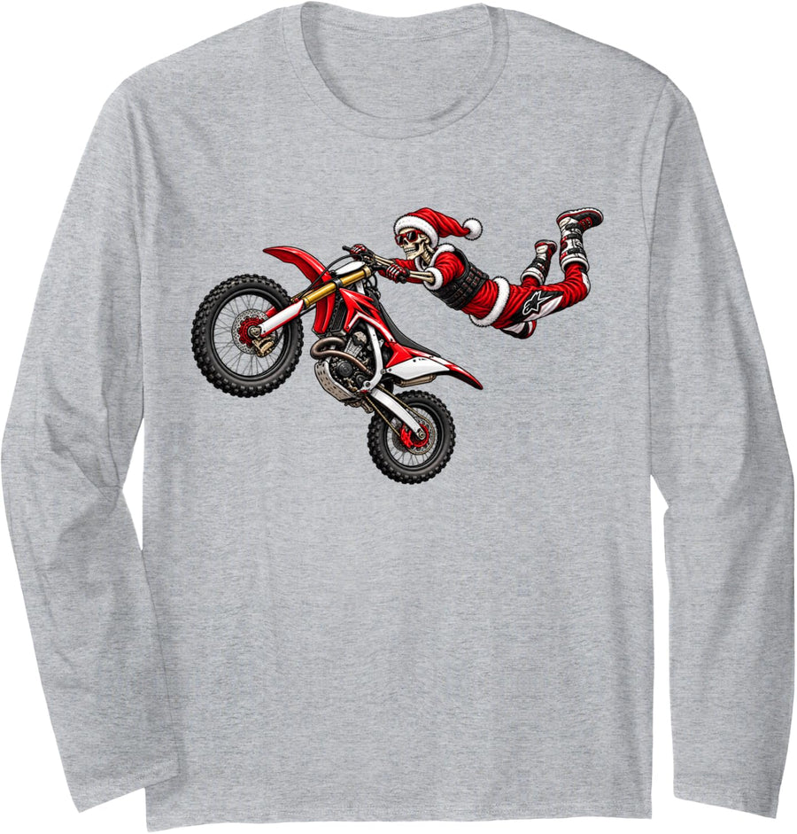 Bike Rider Skeleton Christmas Motocross Long Sleeve T-Shirt - Adult Unisex Heather Grey