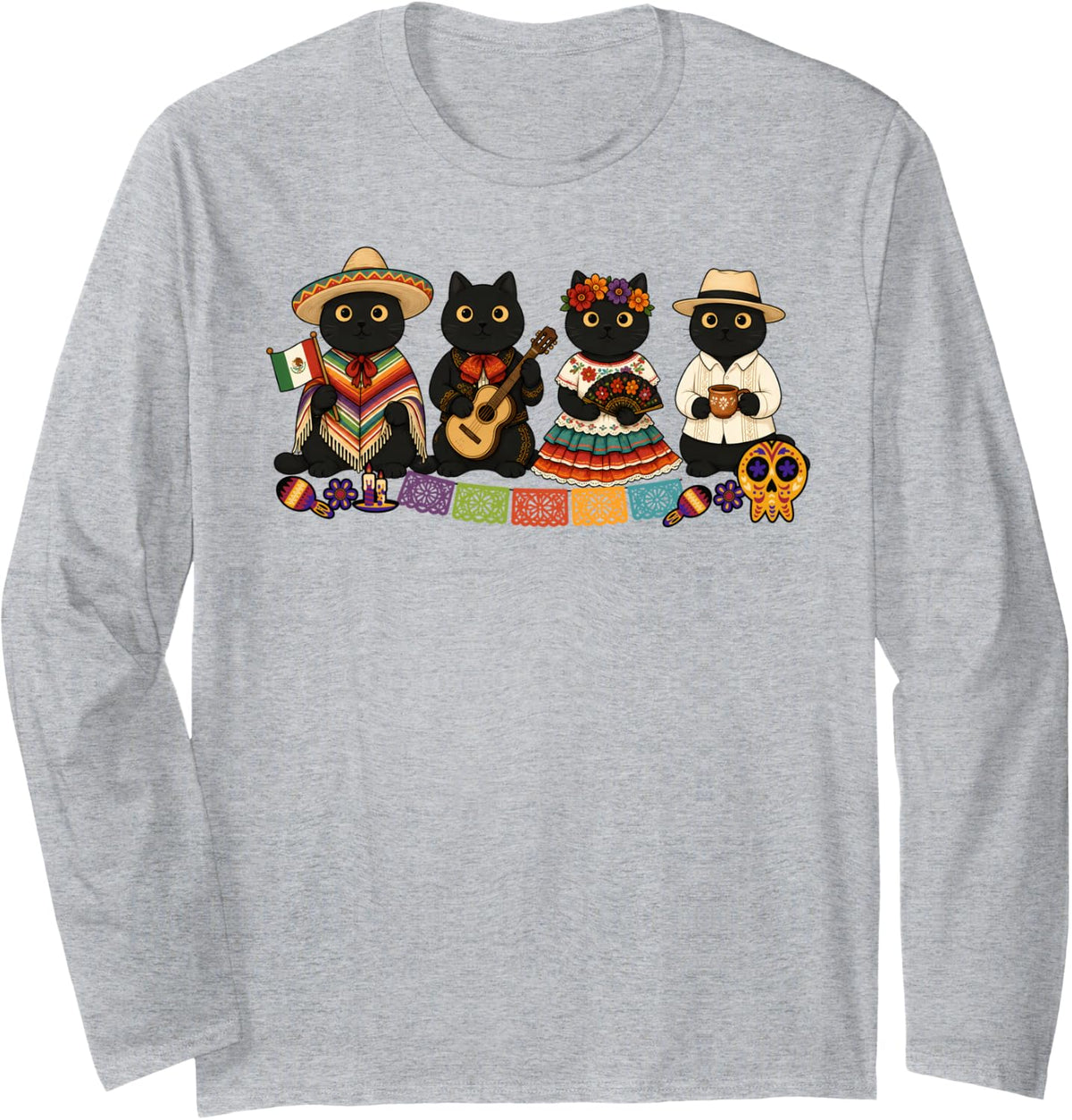 Mexican Cute Black Cats Mariachi Hispanic Heritage Month Long Sleeve T-Shirt - Adult Unisex Heather Grey