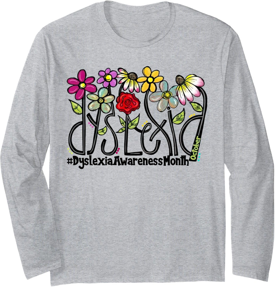 Floral Dyslexia Awareness Month Dyslexia Therapist Long Sleeve T-Shirt - Adult Unisex Heather Grey