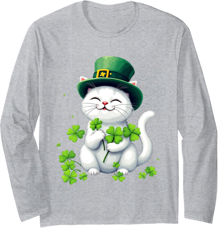 Cute St Patricks Day Cat with Shamrocks Green Irish Funny Long Sleeve T-Shirt - Adult Unisex Heather Grey