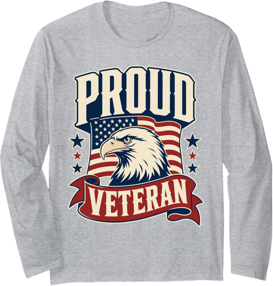 Proud Veteran Bald Eagle Vintage Badge Long Sleeve T-Shirt - Adult Unisex Heather Grey