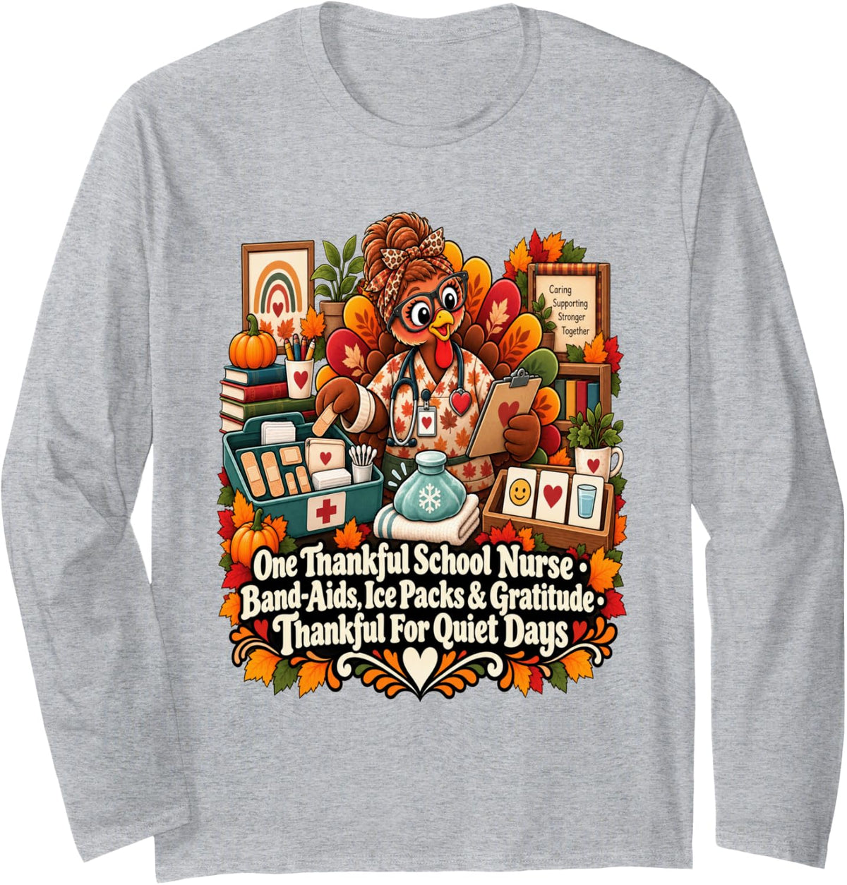 Turkey One Thankful School Nurse Thanksgiving Long Sleeve T-Shirt - Adult Unisex Heather Grey