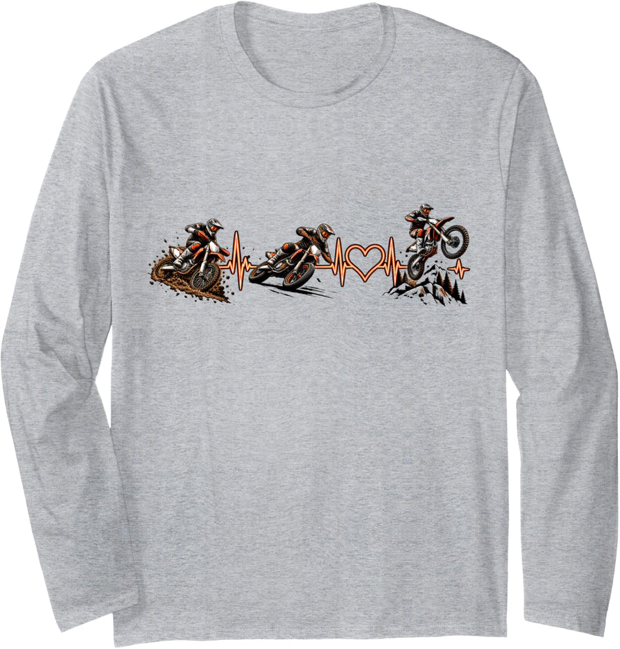Motocross Dirt Bike Riders Heartbeat Racing Art Long Sleeve T-Shirt - Adult Unisex Heather Grey