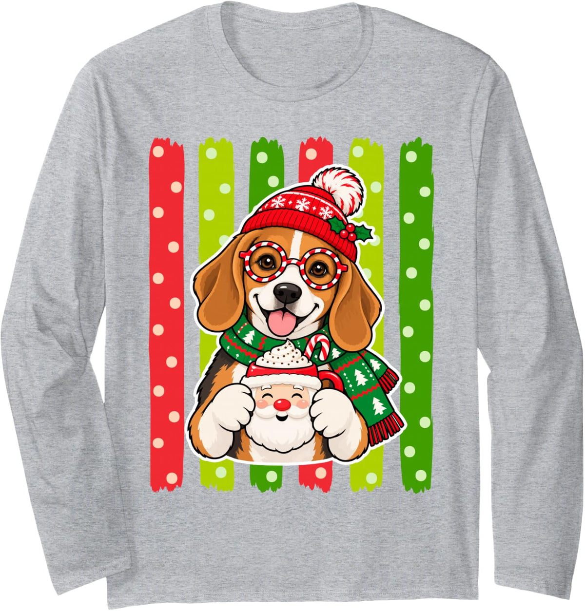 Christmas Beagle with Cocoa and Santa Hat Long Sleeve T-Shirt - Adult Unisex Heather Grey