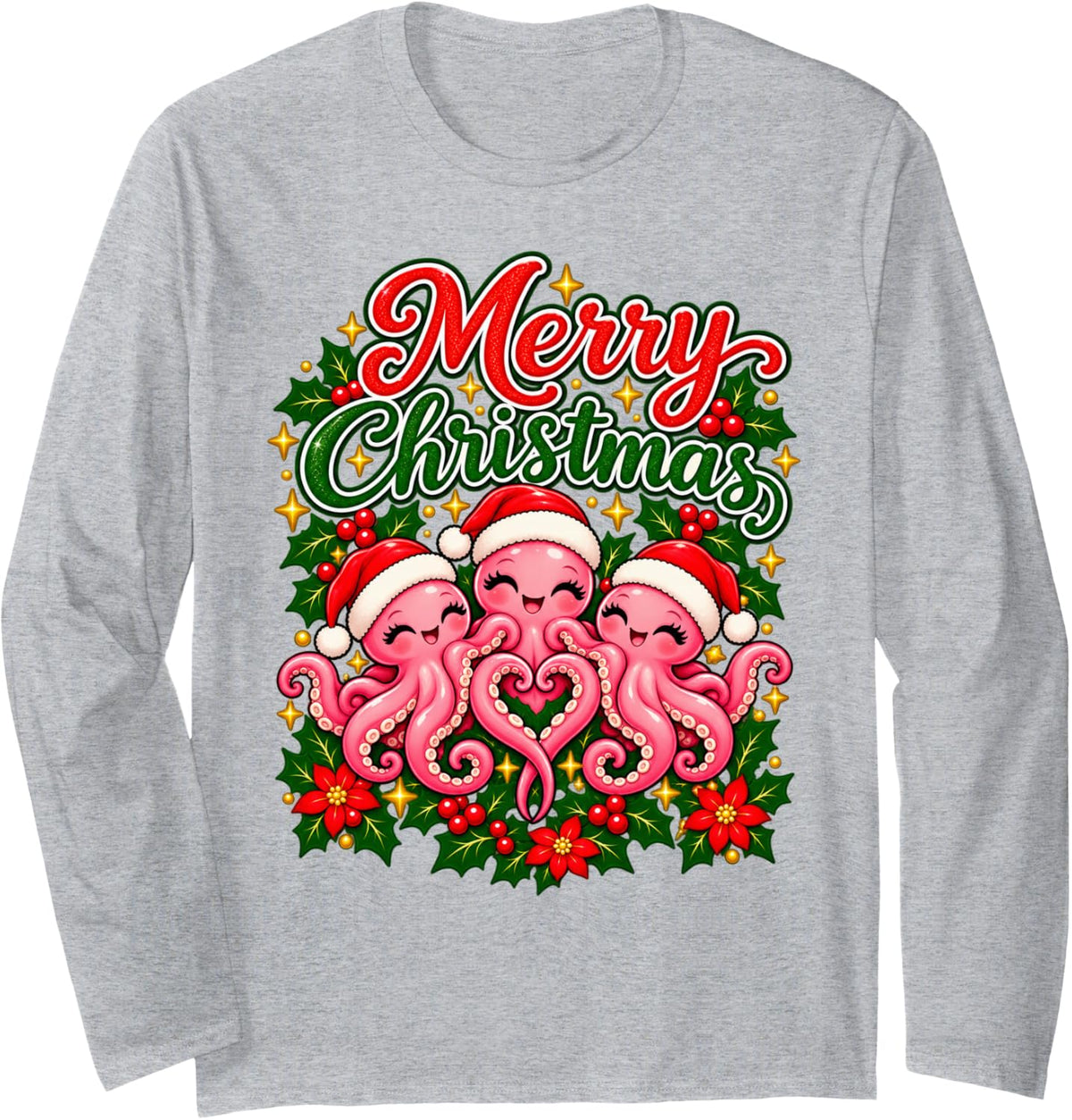 Merry Christmas Octopus Joyful Holiday Heart Men Women Long Sleeve T-Shirt - Adult Unisex Heather Grey