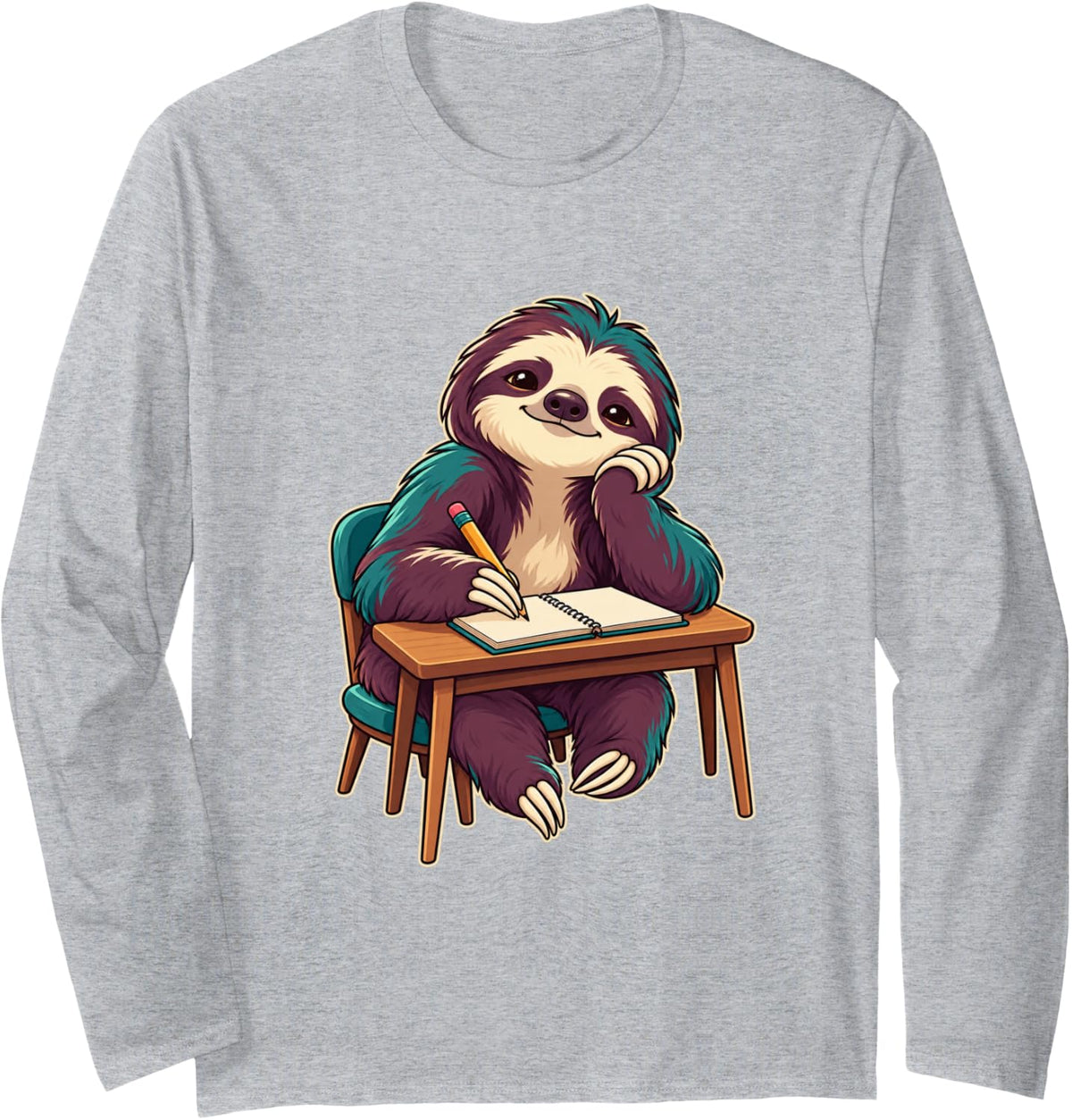 Journaling Sloth Notebook Cozy Writing Animal Design Long Sleeve T-Shirt - Adult Unisex Heather Grey