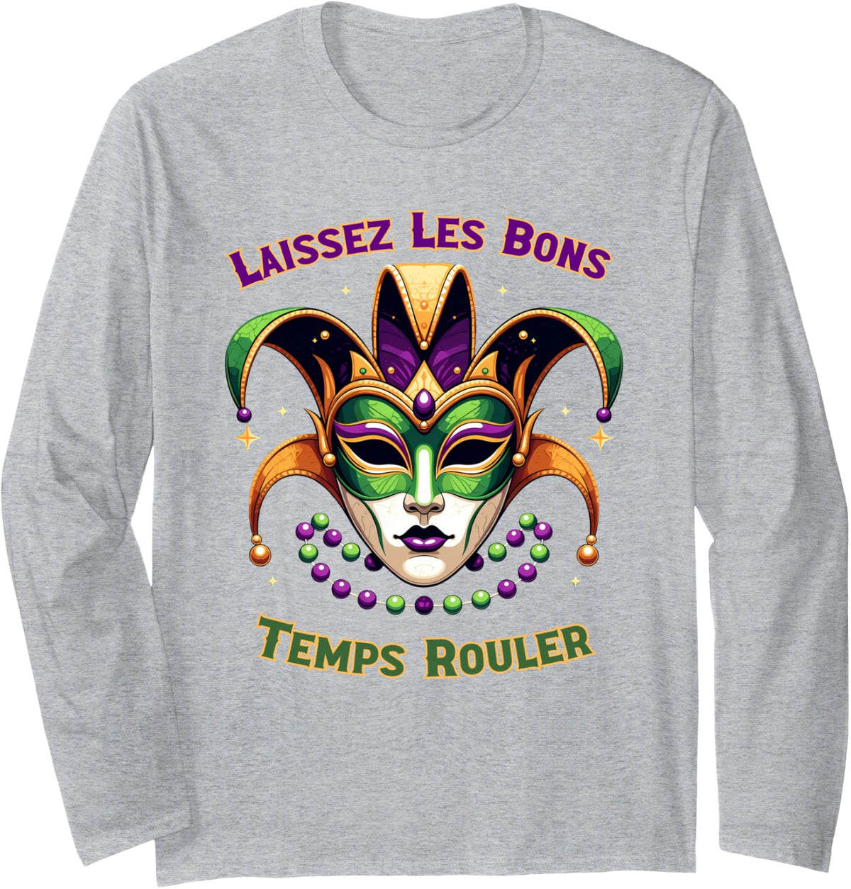 Mardi Gras Jester Mask Laissez Les Bons Temps Rouler Long Sleeve T-Shirt - Adult Unisex Heather Grey