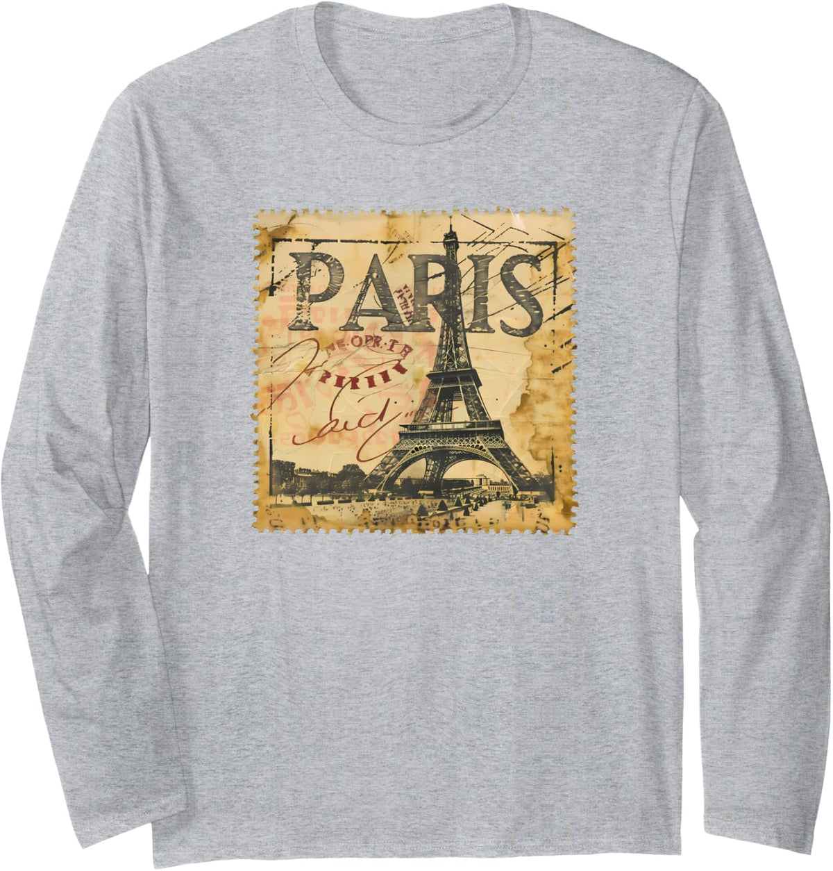 Vintage Paris Eiffel Tower Stamp 5 Long Sleeve T-Shirt - Adult Unisex Heather Grey