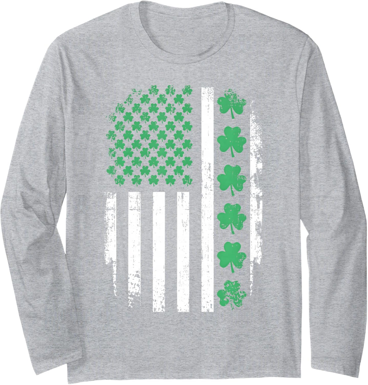 US American Flag with Shamrocks St Patricks Day Long Sleeve T-Shirt - Adult Unisex Heather Grey