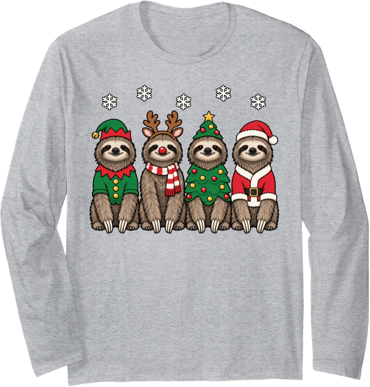 Sloth Christmas Reindeer Santa Long Sleeve T-Shirt - Adult Unisex Heather Grey