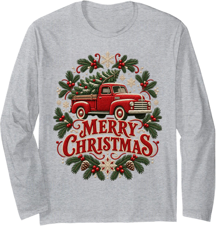 Merry Christmas Red Pickup Joyful Folk Embroidery Pine Trees Long Sleeve T-Shirt - Adult Unisex Heather Grey