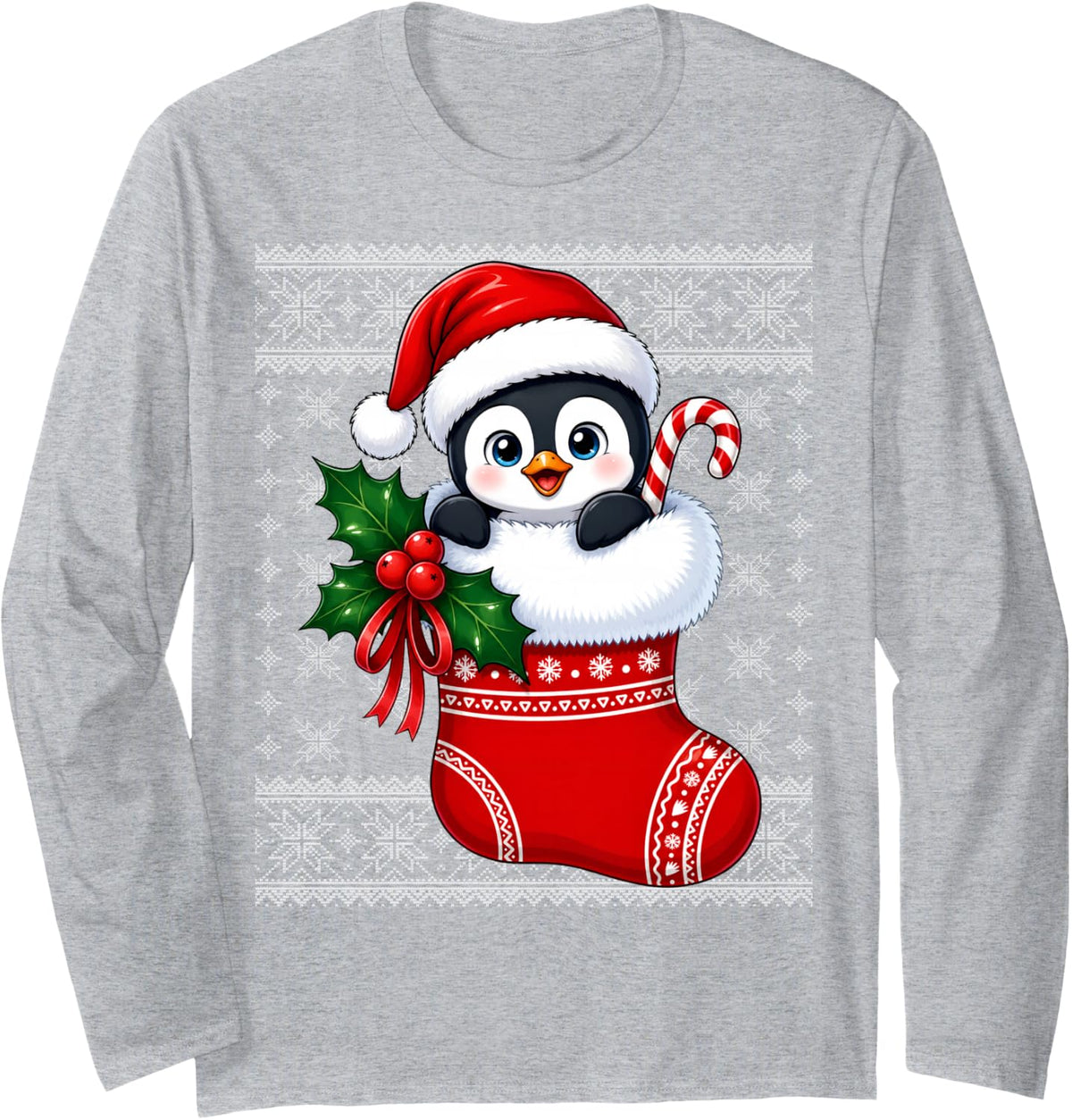 Penguin Christmas Stocking Cute Festive Penguin Ugly Xmas Long Sleeve T-Shirt - Adult Unisex Heather Grey