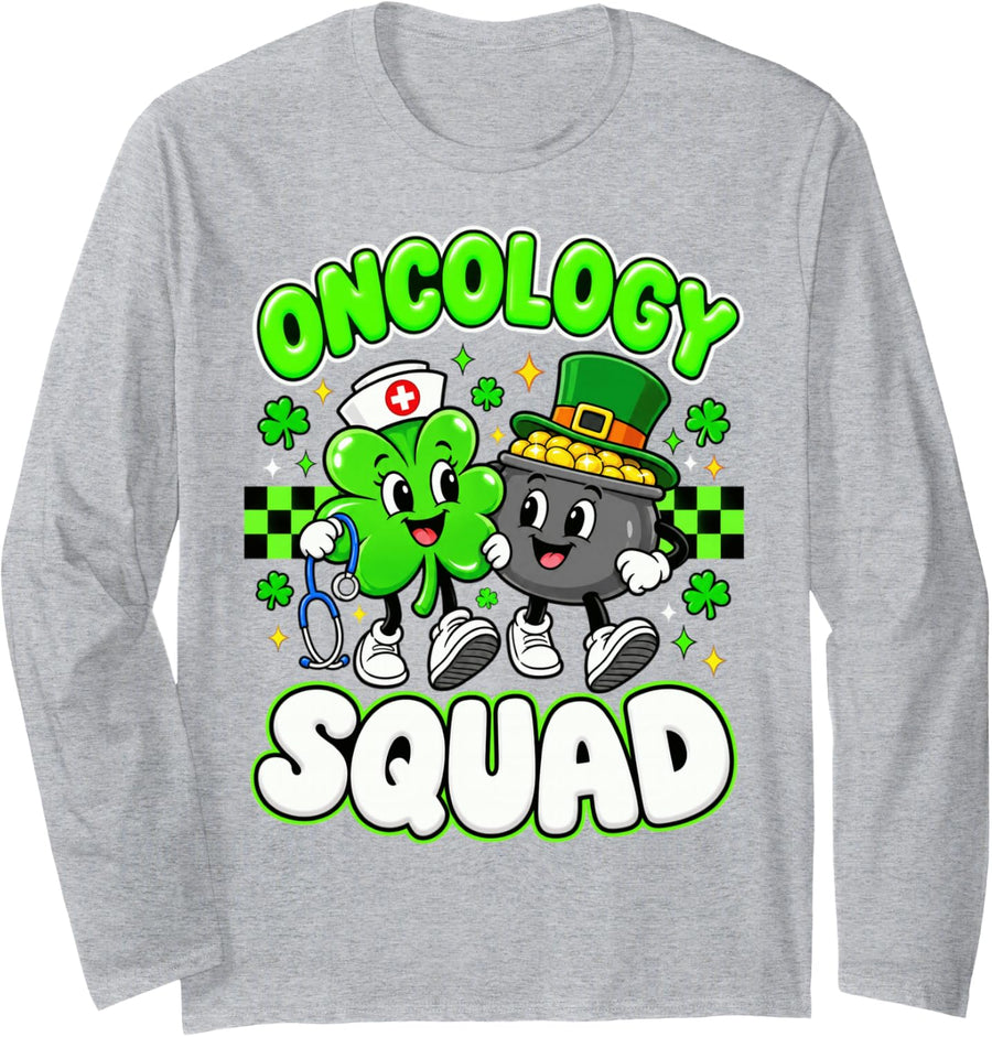 Lucky Oncology Squad Nurse St Patrick's Day Team Men Women Long Sleeve T-Shirt - Adult Unisex Heather Grey