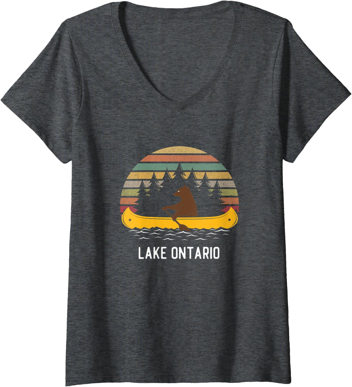 Womens Lake Ontario Vintage retro sunset Bear Canoe outdoor hiking V-Neck T-Shirt - Dark Heather Grey
