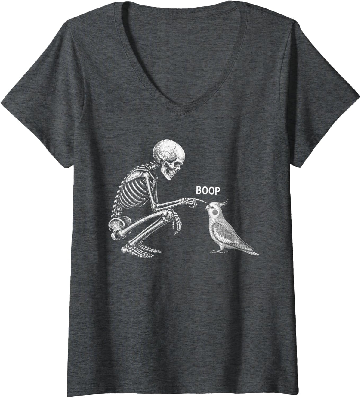 Women's Skeleton Boop Cockatiel Nose Vintage Halloween Parrot V-Neck T-Shirt - Dark Heather Grey