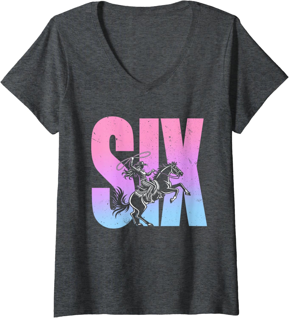 Women's 6th Birthday Rodeo Western Cowgirl Riding Horse Party V-Neck T-Shirt - Dark Heather Grey