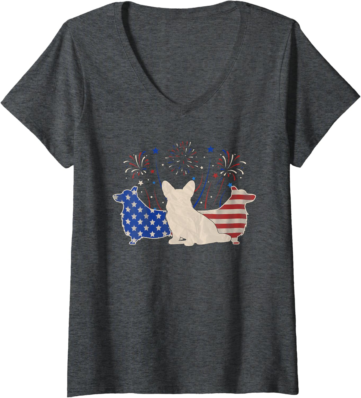 Womens Three Welsh Corgi 4th of July Patriotic American Flag V-Neck T-Shirt - Dark Heather Grey