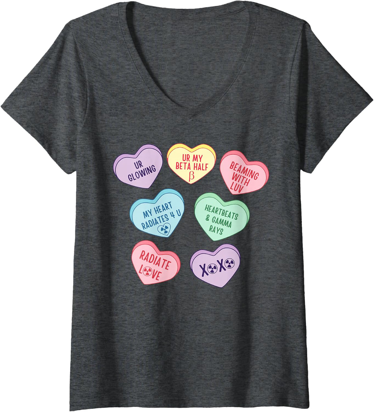 Women's Valentines Radiation Oncology X-ray Nuc Med NMT Candy Heart V-Neck T-Shirt - Dark Heather Grey