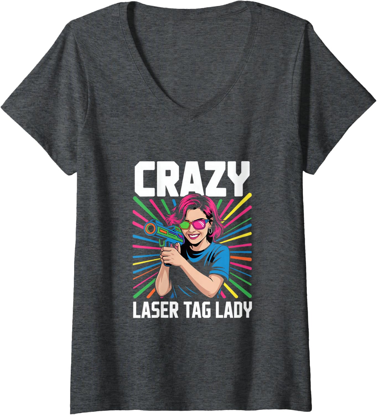 Women's Crazy Laser Tag Lady Squad Laser Tag Fashion V-Neck T-Shirt - Dark Heather Grey