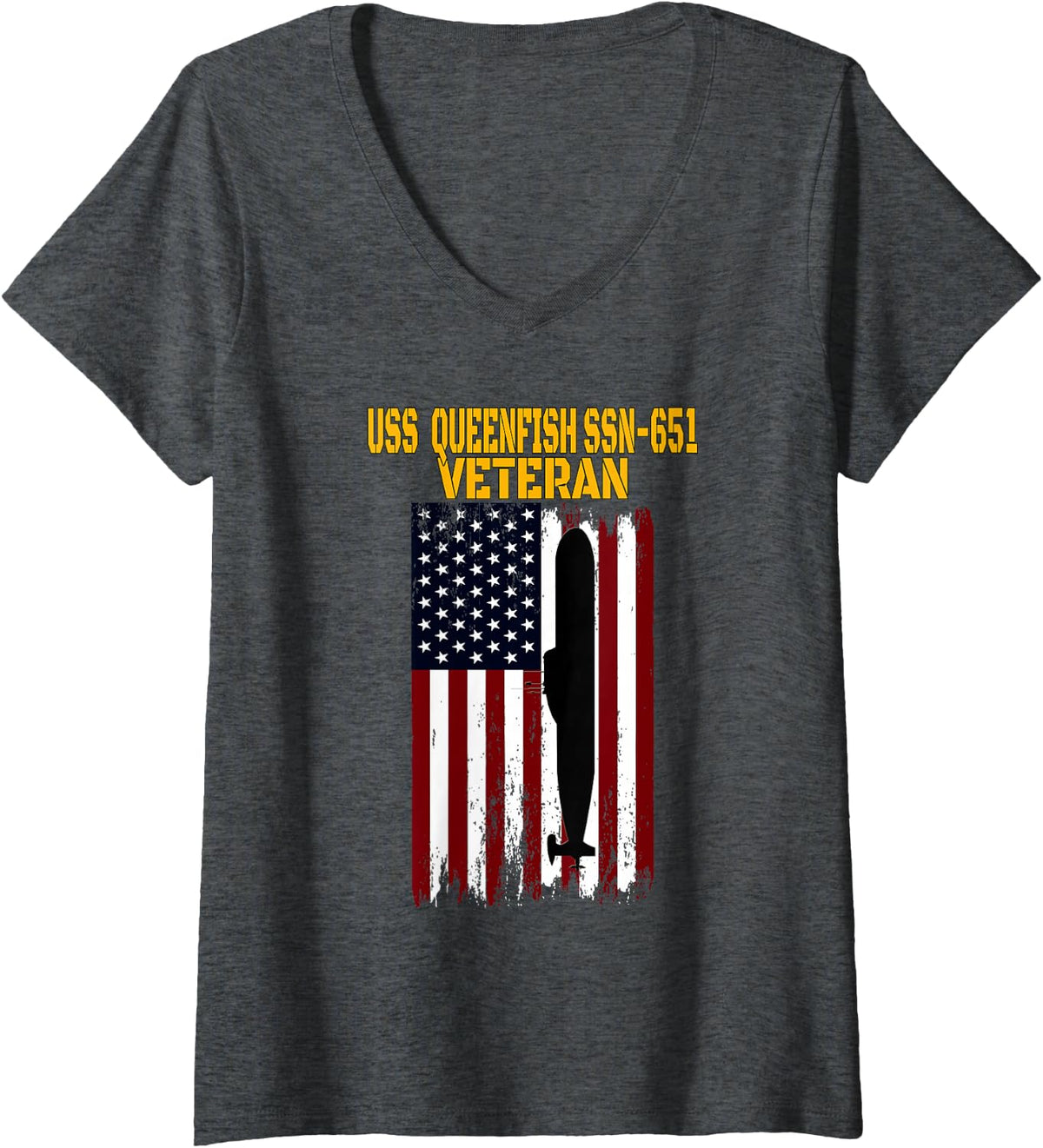 Women's USS Queenfish SSN-651 Submarine Veterans Day Father's Day V-Neck T-Shirt - Dark Heather Grey