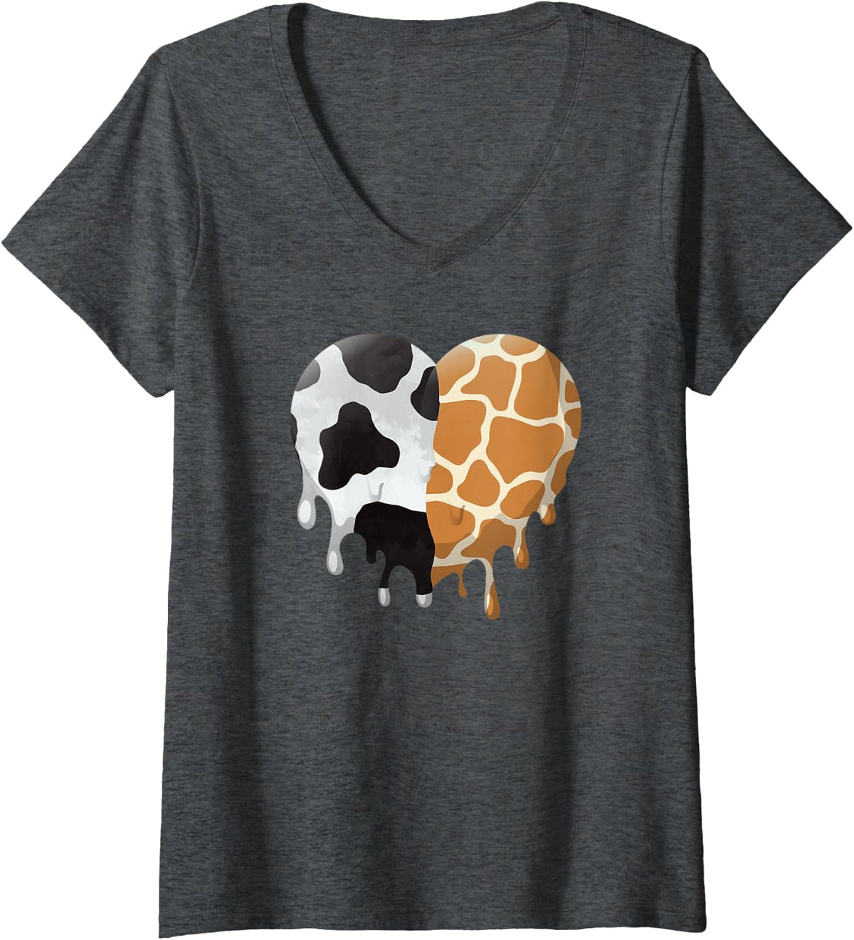 Women's Cow and Giraffe Pattern Melting Heart Cute Animal Aesthetic V-Neck T-Shirt - Dark Heather Grey