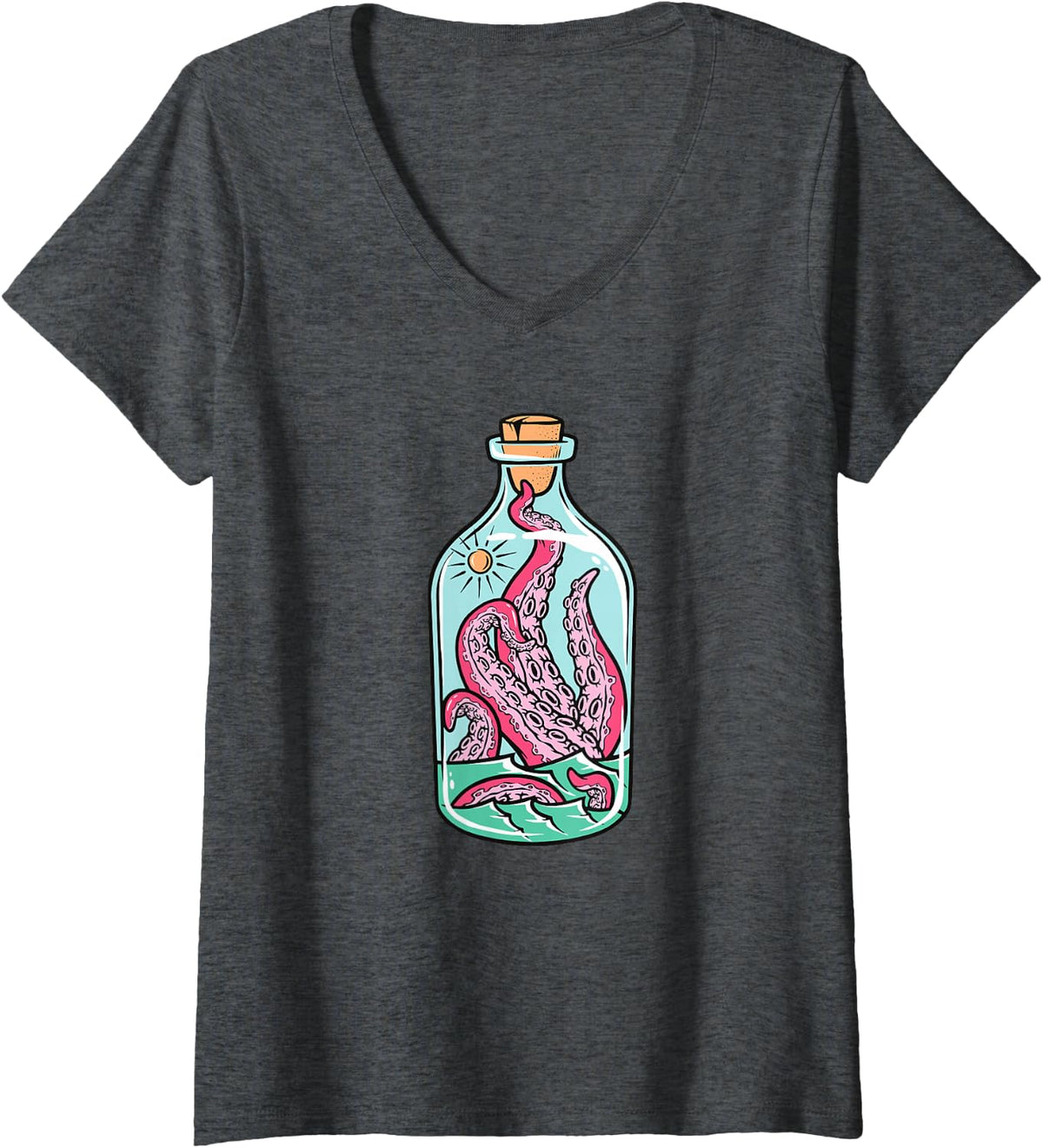 Women's Octopus in a Bottle V-Neck T-Shirt - Dark Heather Grey