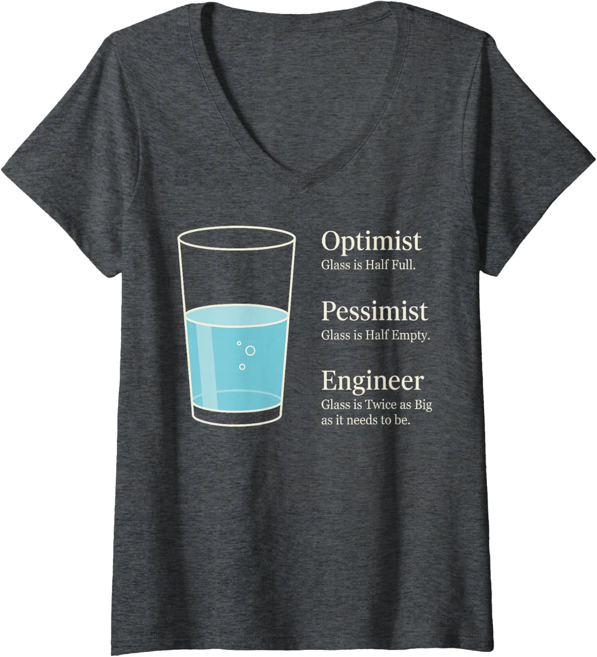 Women's Optimist Pessimist Engineer Glass Funny Engineering Humor V-Neck T-Shirt - Dark Heather Grey