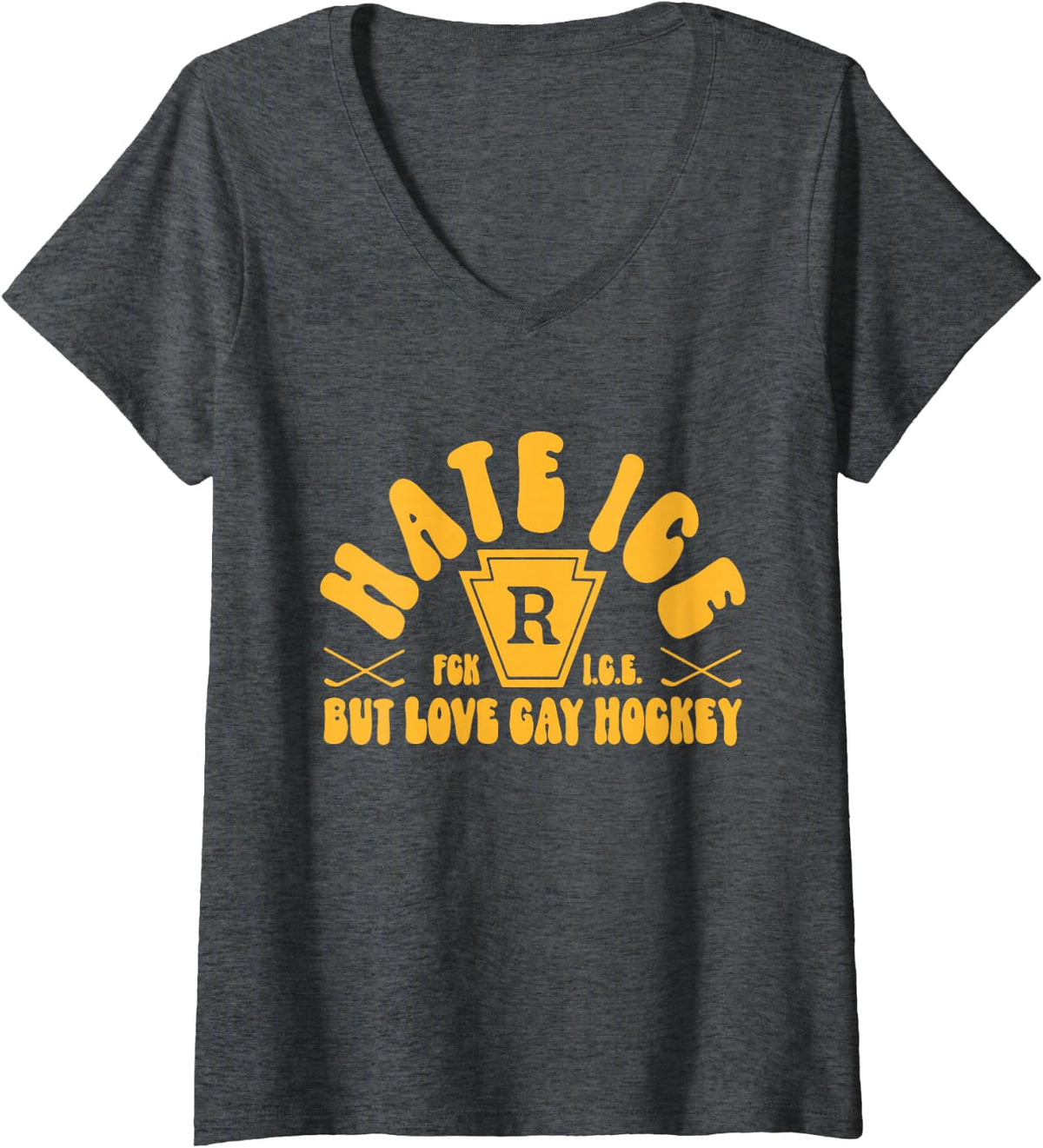 Women's Hate Ice But Love Gay Hockey, Funny Gay Hockey LGBT V-Neck T-Shirt - Dark Heather Grey