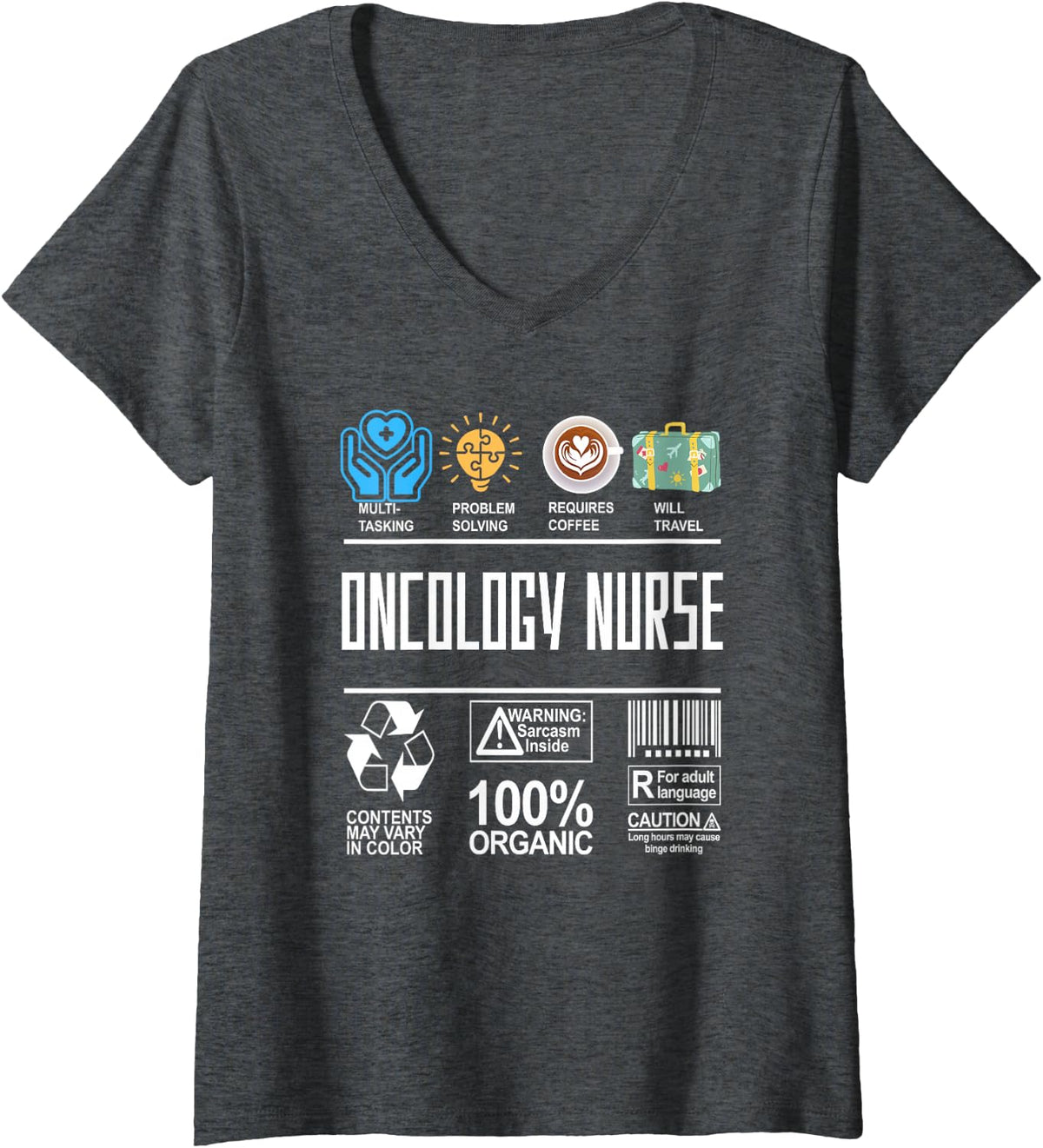 Women's Oncology Nurse Skills Included Problem Solving Travel Coffee V-Neck T-Shirt - Dark Heather Grey
