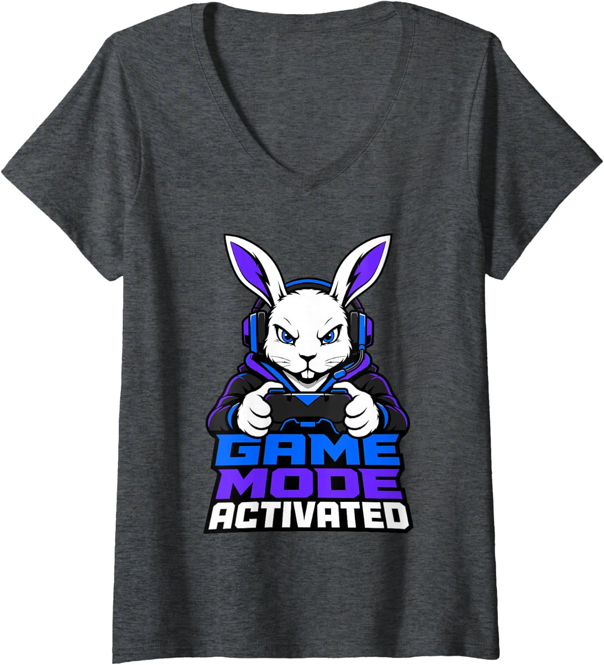 Women's Rabbit Gamer Game Mode Activated Gaming Headset Video Games V-Neck T-Shirt - Dark Heather Grey