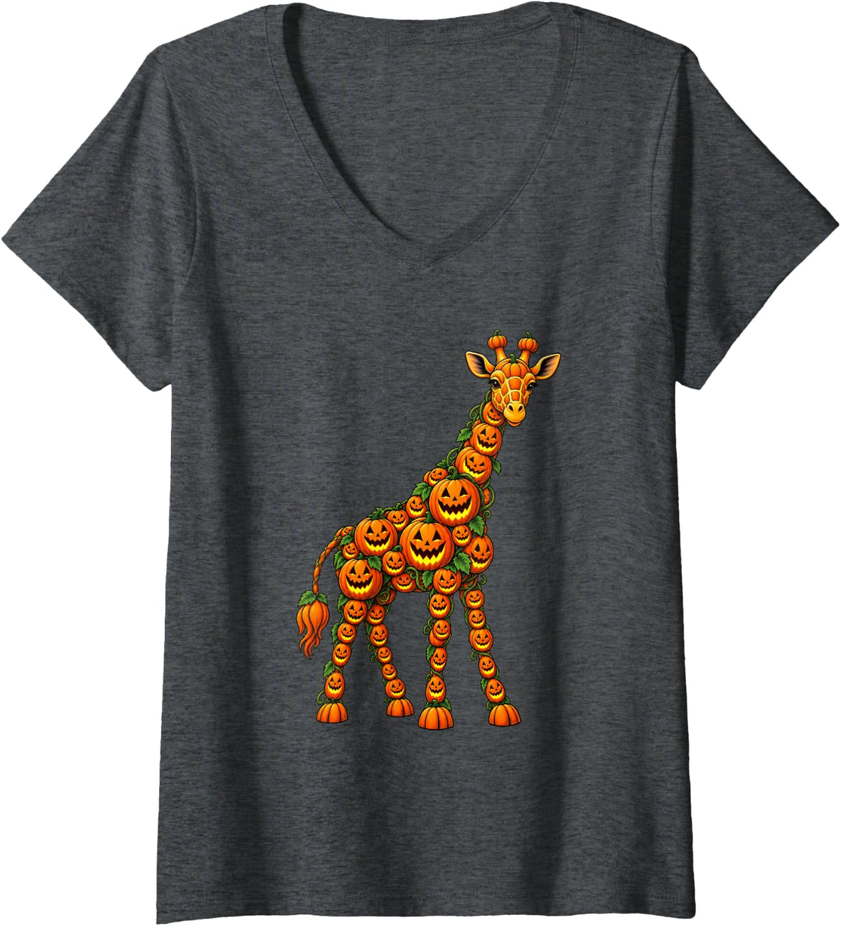 Women's Cute Giraffe Jack O Lantern Pumpkin Halloween V-Neck T-Shirt - Dark Heather Grey