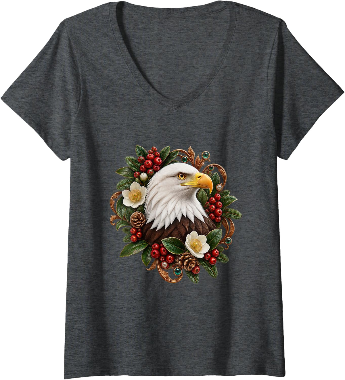 Women's Bald Eagle with Winter Berries V-Neck T-Shirt - Dark Heather Grey