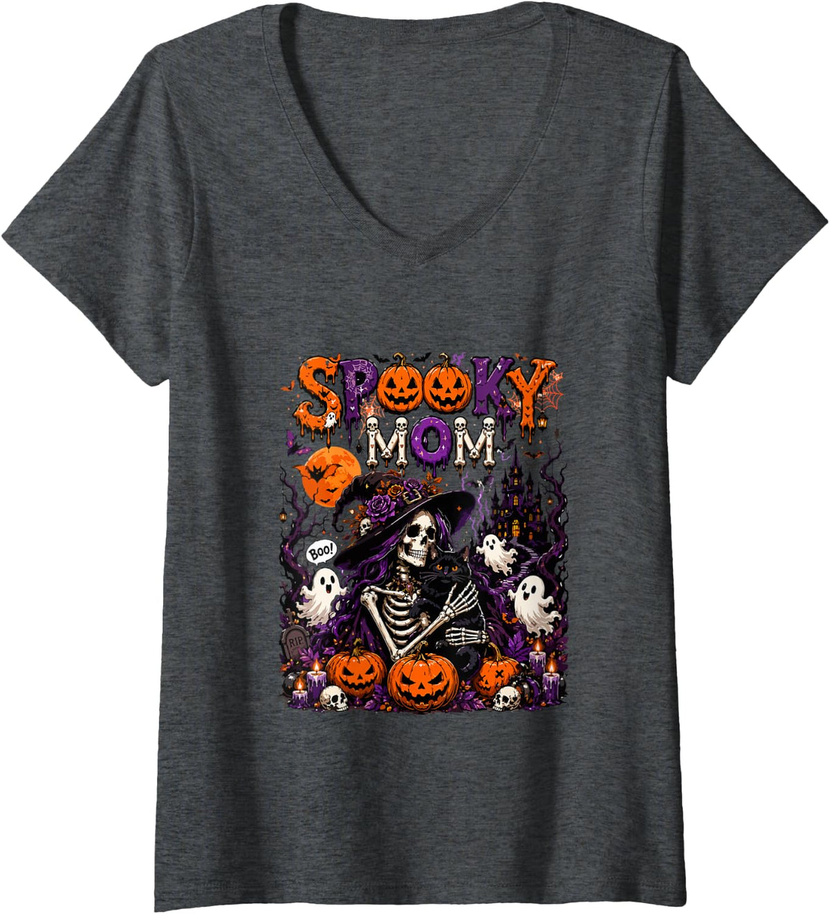 Women's Spooky Halloween Mom Horror Skeleton As Witch Boo Ghost V-Neck T-Shirt - Dark Heather Grey