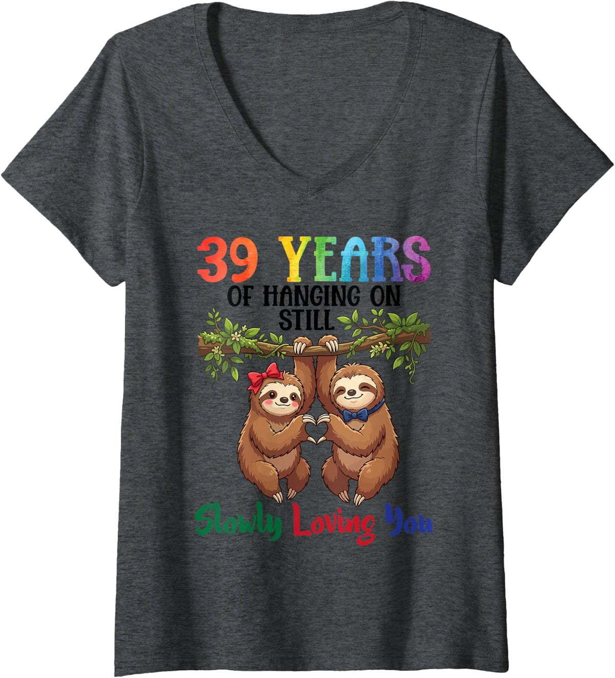 Women's 39 Years of Hanging On Still Slowly Loving You Sloth Couples V-Neck T-Shirt - Dark Heather Grey