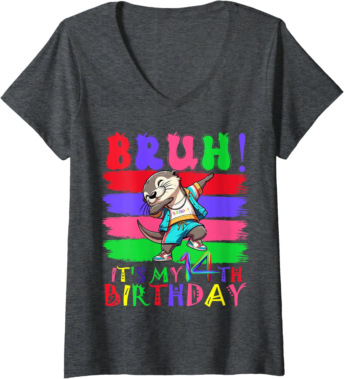 Women's 14 Year Old It's My 14th Birthday Otter Dabbing boy Girl V-Neck T-Shirt - Dark Heather Grey