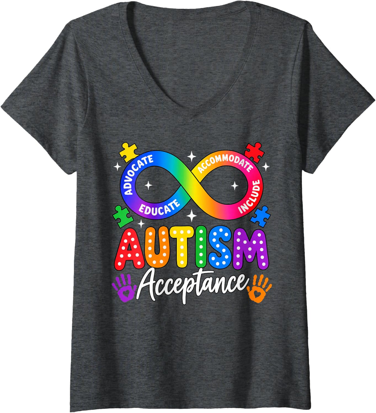 Women's Autism Awareness Acceptance Rainbow Infinity Symbol Support V-Neck T-Shirt - Dark Heather Grey
