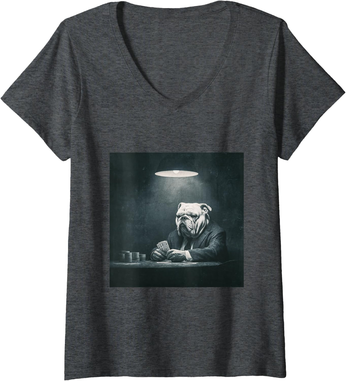 Women's Bulldog Poker Player Noir Gambling Cards V-Neck T-Shirt - Dark Heather Grey