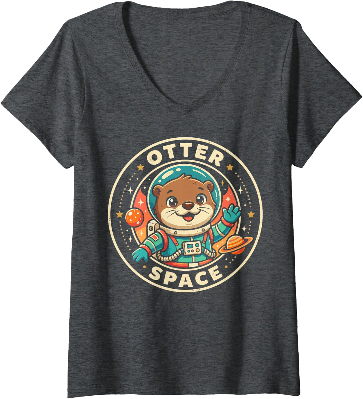 Women's Funny Otters Tee Otter Space Astronaut Sea Wildlife Zoo Meme V-Neck T-Shirt - Dark Heather Grey