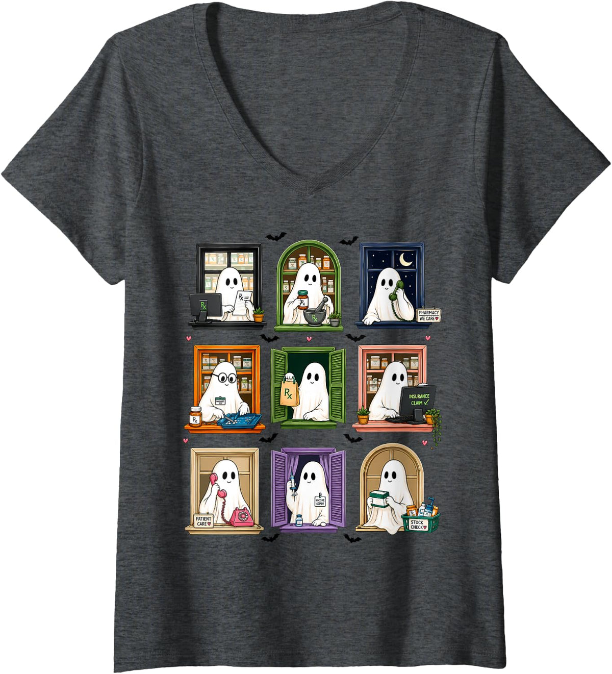 Women's Halloween Pharmacy Ghost Pharmacist Spooky Pharmacy Tech V-Neck T-Shirt - Dark Heather Grey