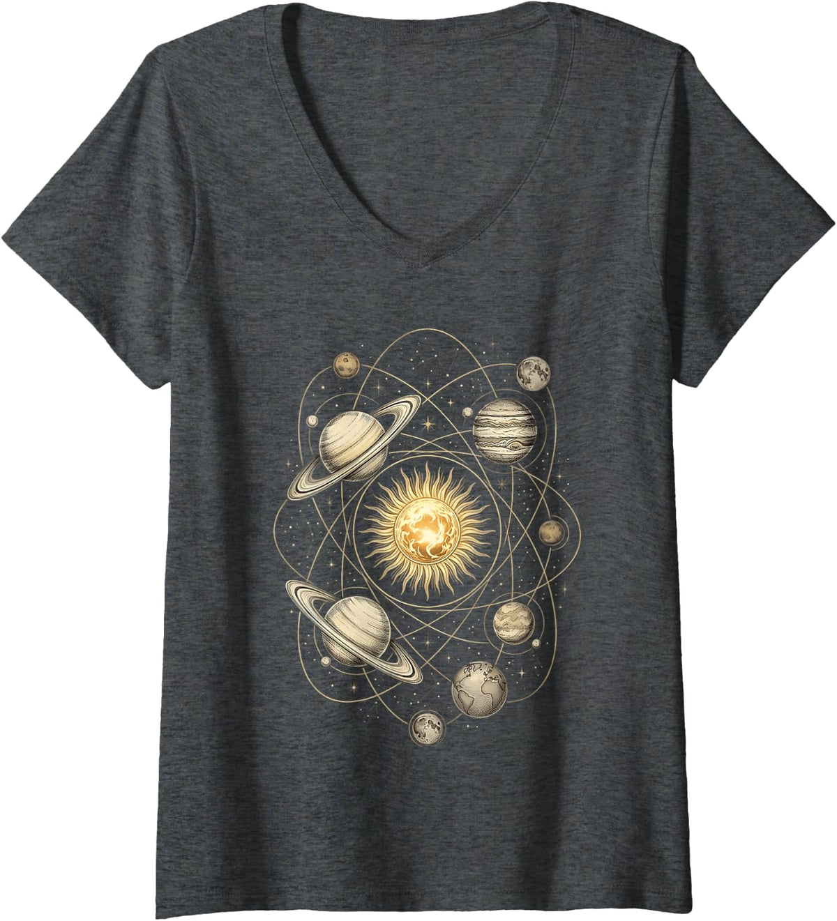 Women's Vintage Solar System Celestial Orbits Engraving Art V-Neck T-Shirt - Dark Heather Grey